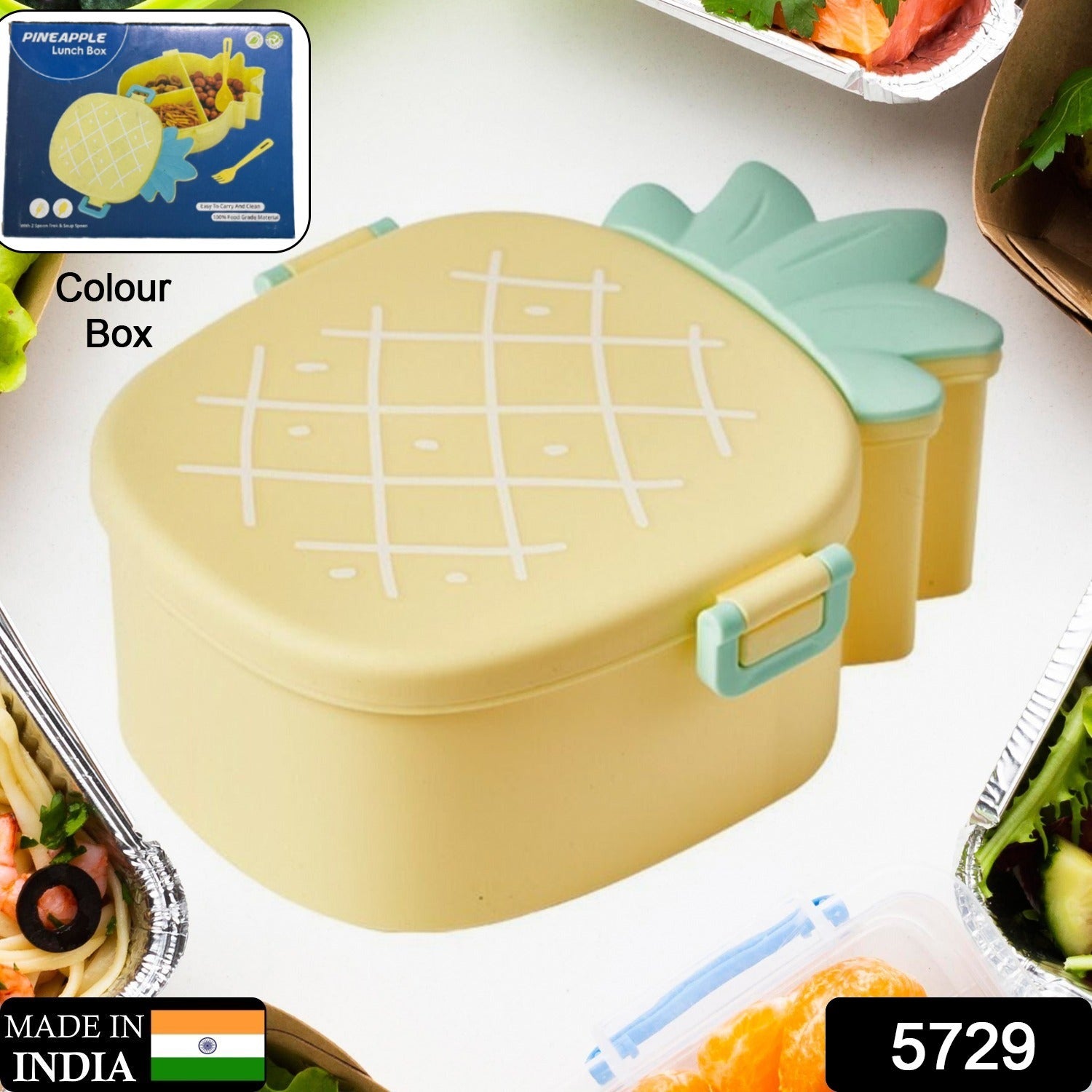 5729 Kids Lunch Box Cute Pineapple Shaped Bento Box with Fork Spoon Snack Candy Container Microwave Portable Office Lunch Box (1 Pc / With Spoon, Fork & Color Box) 5729 Kids Lunch Box Cute Pineapple Shaped Bento Box with Fork Spoon Snack Candy Container Microwave Portable Office Lunch Box (1 Pc / With Spoon, Fork & Color Box)